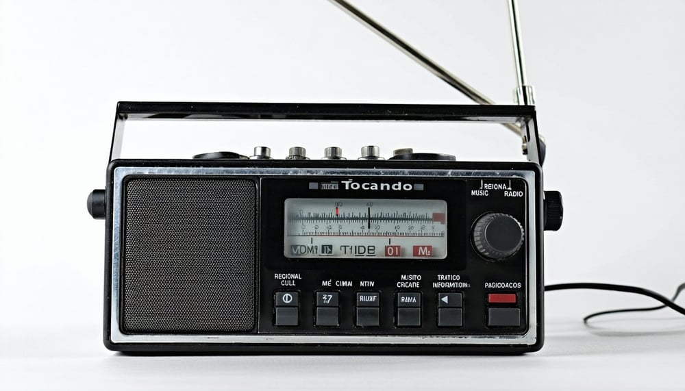 Radio tocando música regional mexicana con información del clima y tráfico.